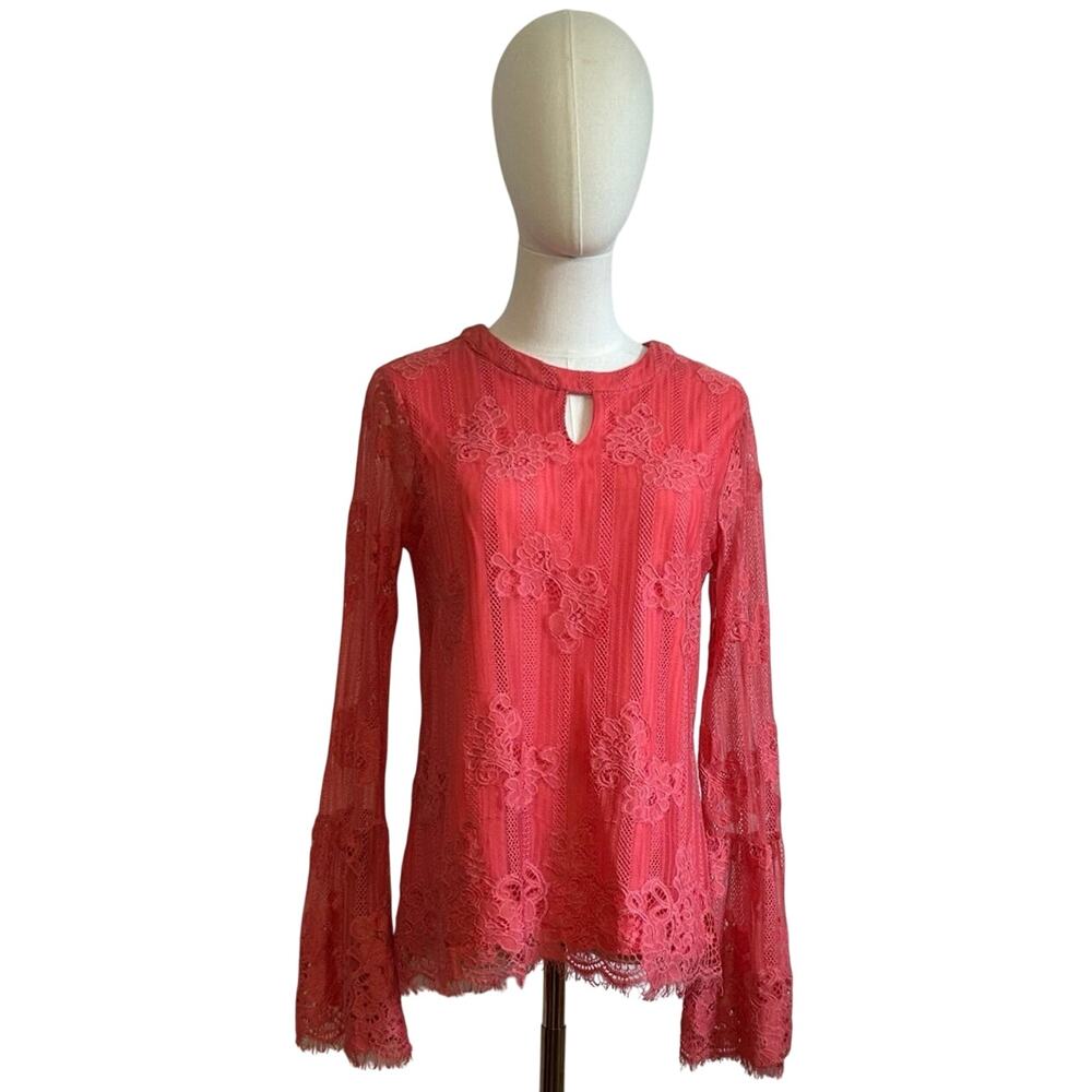 Ultra Pink Floral Lace Top Sheer Bell Sleeves M Coquette Fairy Gypsy Feminine